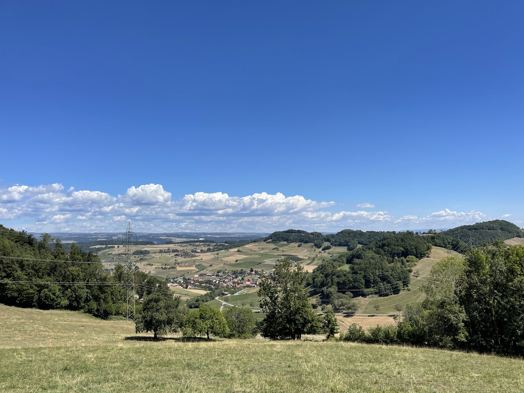 Landschaft mit Wiesen, Wald und Feldern unter blauem Himmel, Dorf sichtbar in der Talmitte, Stromleitung links