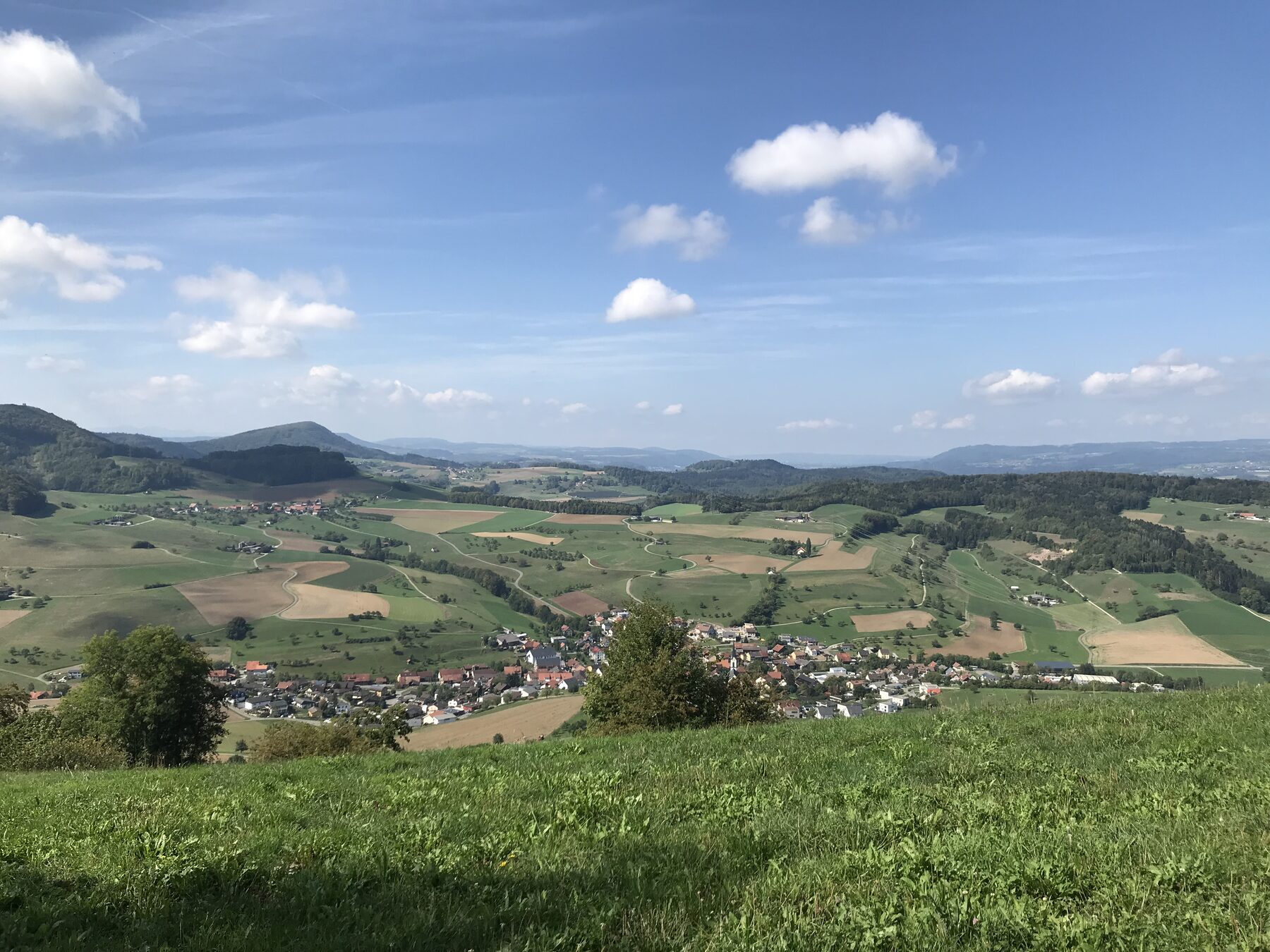 offene Landschaft mit abgeernteten Getreidefeldern, Blick nach Westen über Gansingen und den Weiler Galten bis zu den Höhenzügen des Sulztals und dem Schwarzwald im Hintergrund