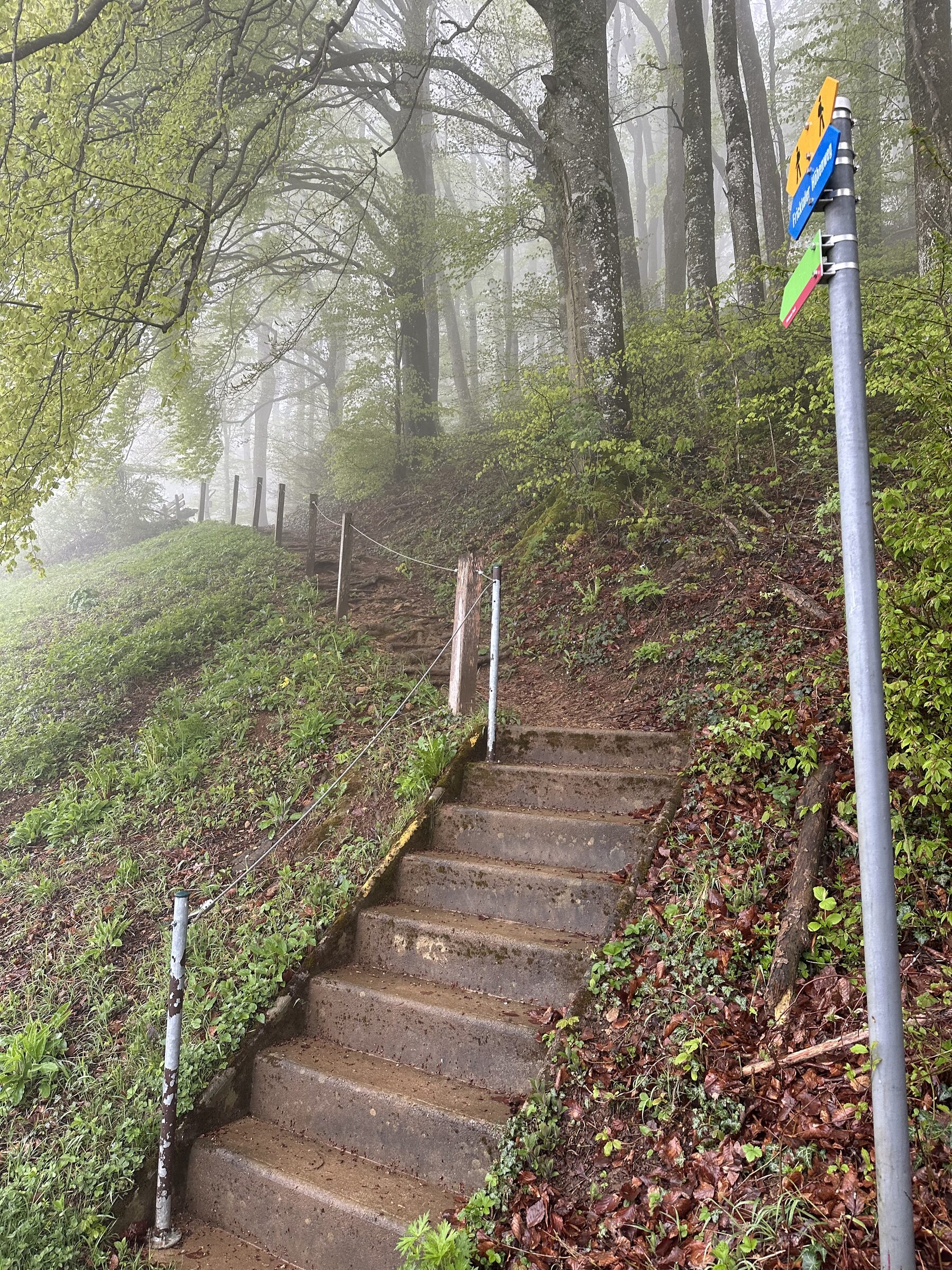 Steil ansteigender Weg am Laubberg mit Lourdes-Grotte und Kapelle, mit Steinkreuz und Bänkli am Wanderweg im Fricktaler Jura