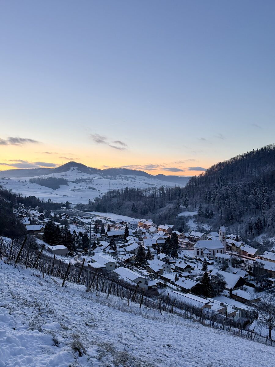 Dorf Mettau mit Kirche St. Remigius und modernem Pfarrhaus, im Hintergrund der Laubberg, Blick von der Chilhalde